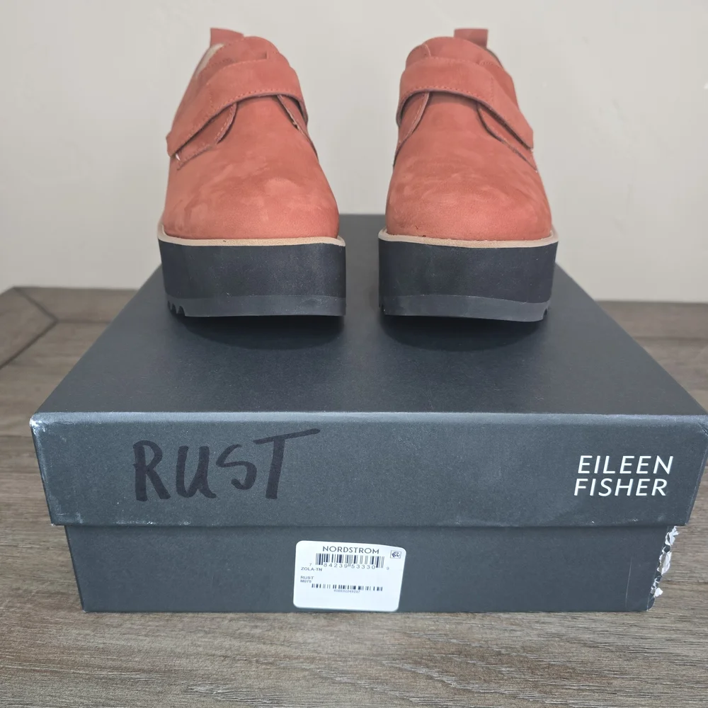 New Eileen Fisher Zola Platform Wedge Booties Clog Rust Suede 7.5 Boho Chunky